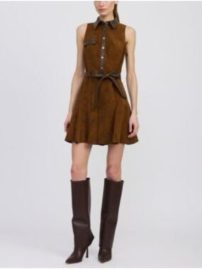 NWT En Saison Sleeveless Brown Suede Shirt Mini Dress with Belt - XS